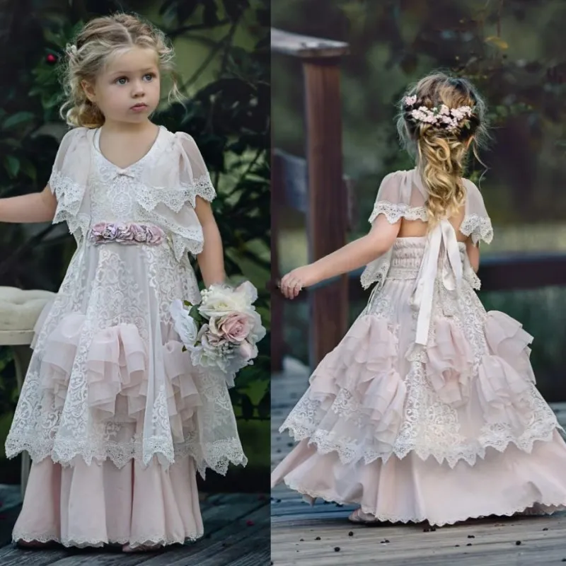 Cute Lace Tiered Flower Girl Dresses For Wedding White And Blush Pink Girls Pageant Gowns Floor Length Princess Baby Prom Party Dress