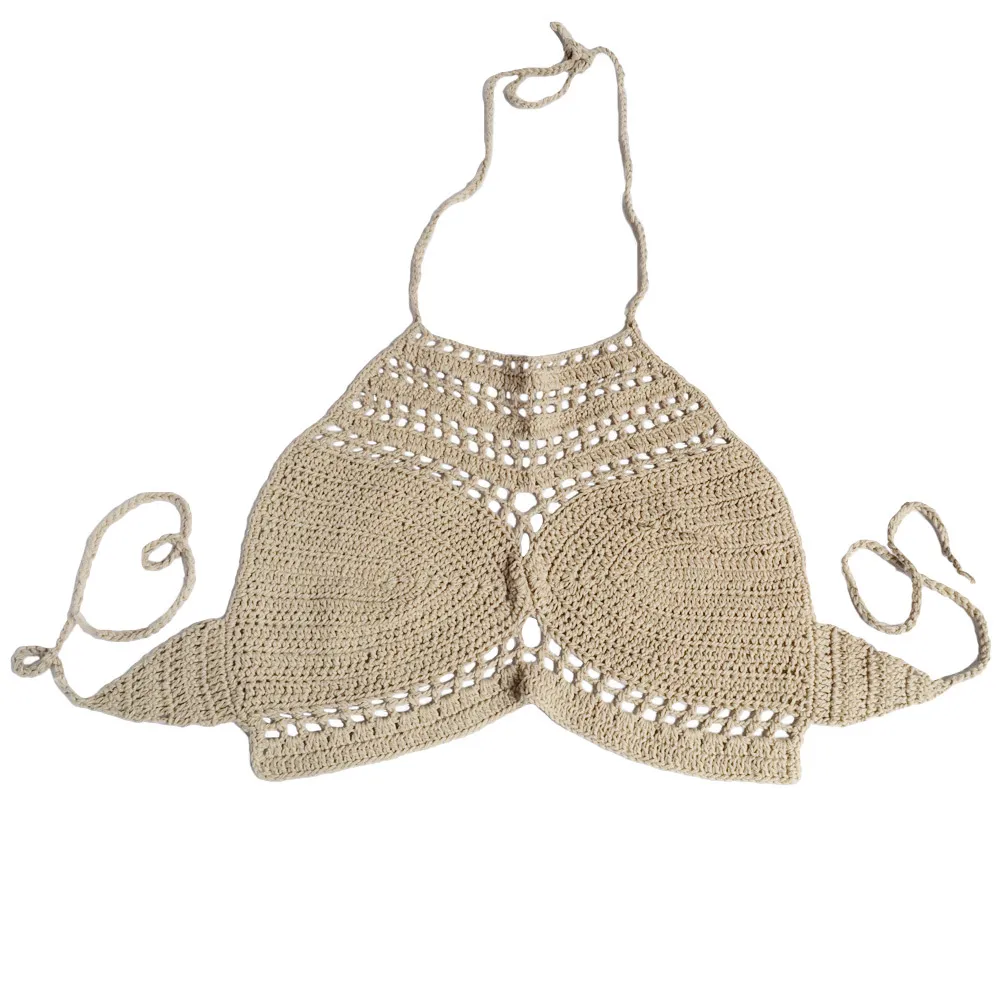 Sexig kvinnlig dam boho virkning skörd topp stickad bh halter ihålig strandkläder bikini brvalette camisole bustier väst chaleco mujer