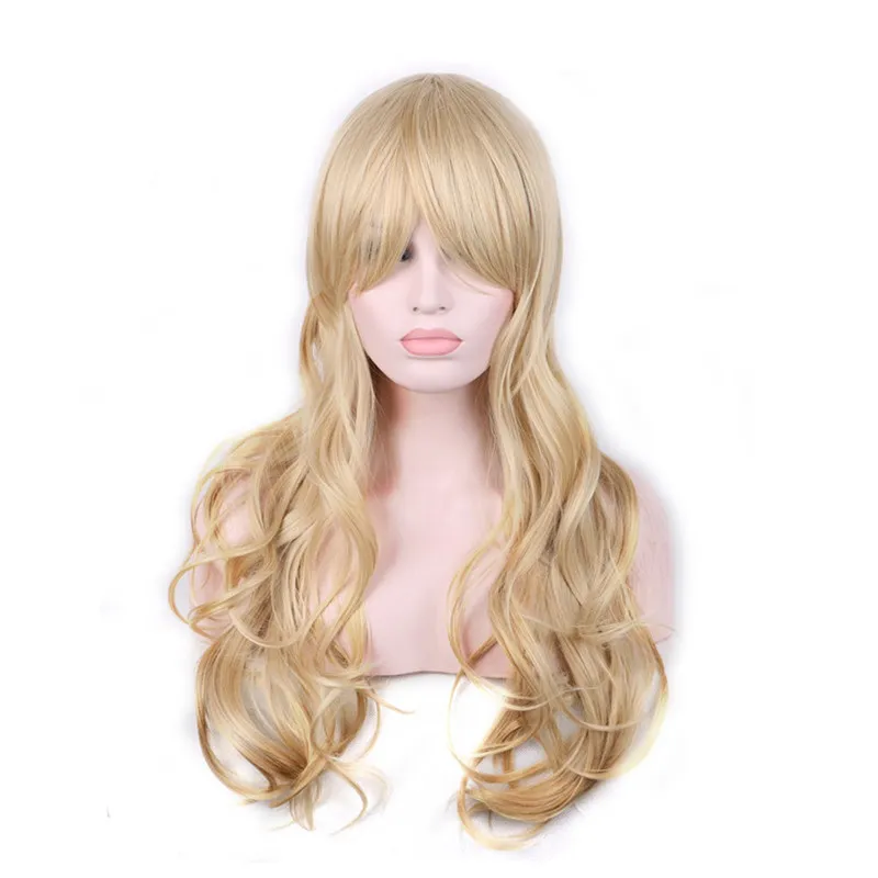 Synthetic Wigs Woodftival Long Blonde Curly Wigs Natural Hair Wig Blond Fiber Synthetic Wigs with Bangs Good Quality