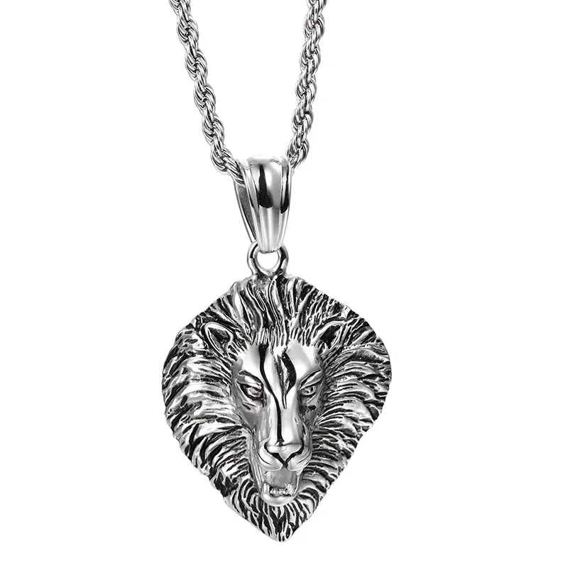High Quality Large 70mm*41mm Vintage Stainless steel Biker Huge Lion Head pendant Mens gothic Necklace With Free chain