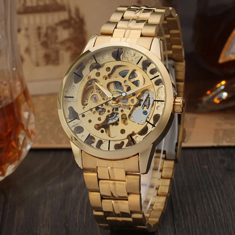 Vinnare Herrklocka Top Brand Luxury Automatic Skeleton Gold Factory Company rostfritt stål armband armbandsur285z