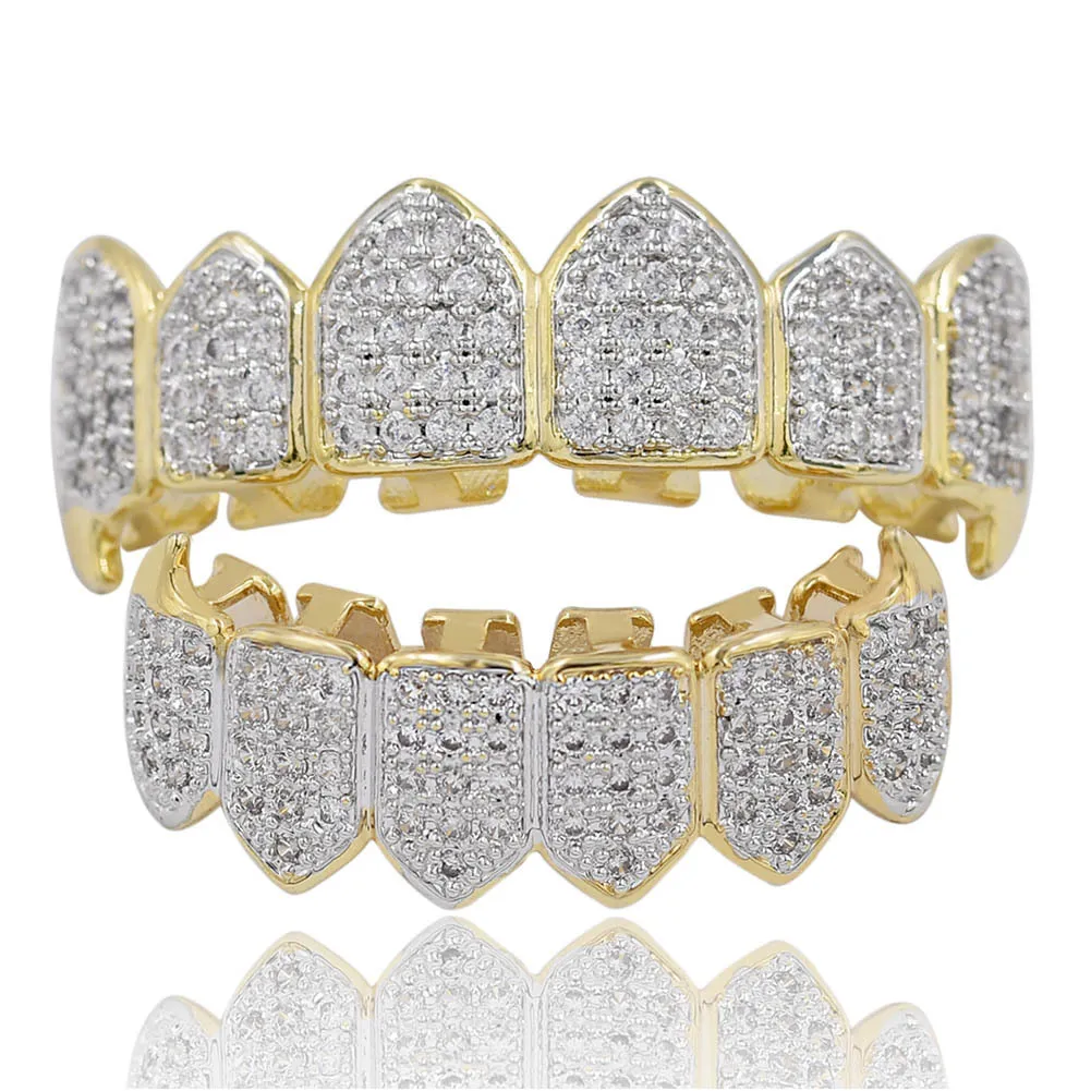 Hip Hop Iced Out CZ Mund Zähne Grillz Caps Oben Unten Grill Set Männer Frauen Vampire Grills