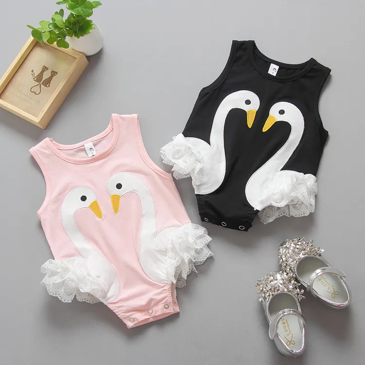 Noworodka Ubrania Baby Romper Cute Swan Pattern Baby One Piece Garnitury Baby Girls Koronki Kombinezony Lato Ubrania Dziecko Wspinaczka Body Opieka