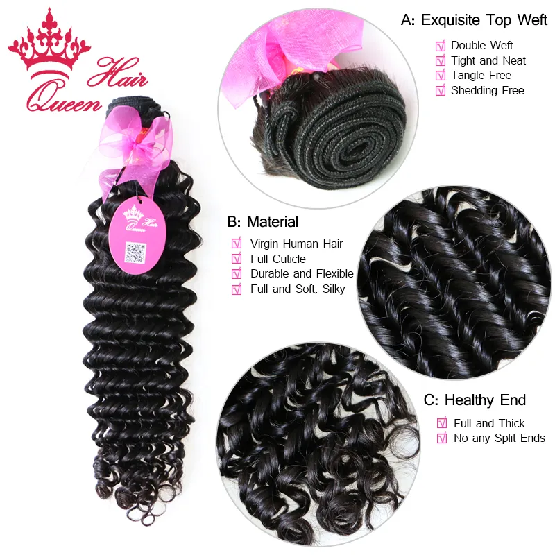 Queen Hair Products 12-28" Virgin brazilian hair human hair extensions deep curl weft Natural Color 1B