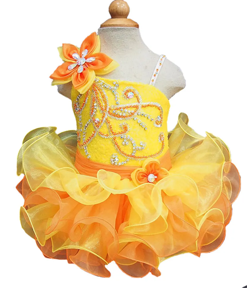 Glitzy Yellow Sequined Cupcake Pageant Dress for Infant and Toddler Girls with corset Back