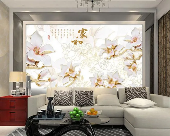 カスタム任意のサイズの白いマグノリア色刻まれたハイエンドの家と豊かなリビングルームのテレビの壁