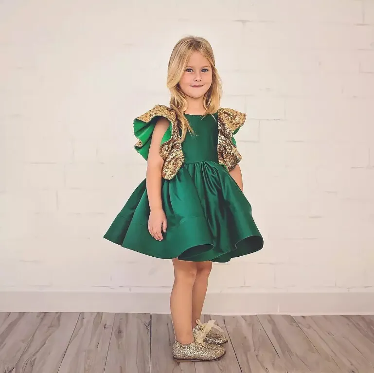2017 темно-зеленое праздничное платье для девочек длиной до колена с атласными рюшами и блестками, милое платье принцессы для детей на день рождения, вечеринка по случаю возвращения на родину, gow278E