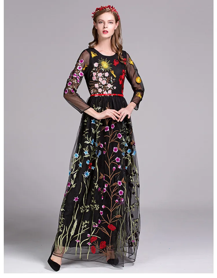 2019 Women`s O Neck 3/4 Sleeves Floral Embroidery Layered Elegant Party Prom Long Runway Dresses