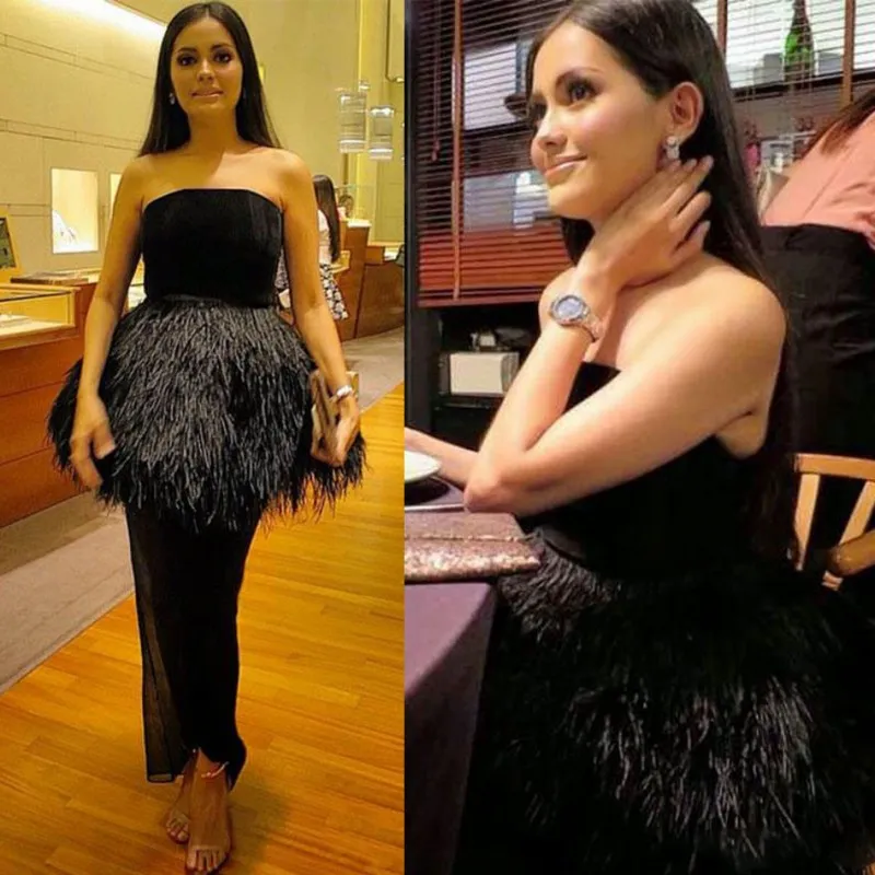 Black Feather Evening Dresses Sexy Strapless Peplum Prom Dresses Sheath Floor Length Zipper Back Cocktail Formal Party Dress