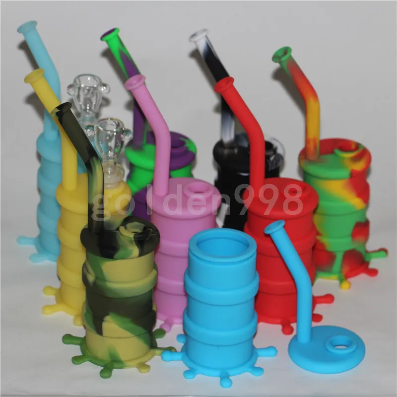 hookahs New Arrival Mini silicone dab rig Glow In Dark Water Pipe glass bongs silicon barrel rigs