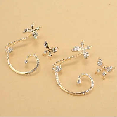 Boucles d'oreilles à breloques manchettes d'oreille Punk cristal plaqué argent strass papillon oreille os Clips boucles d'oreilles gothiques