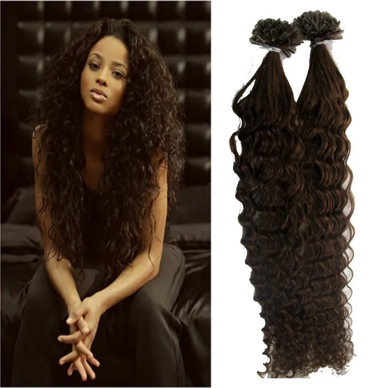 # 4 Темно-коричневые бразильские глубокие вьющиеся U-образные кончики ногтей Наращивание волос 100 г / нити Remy Человеческие волосы Кератин Fusion Наращивание волос