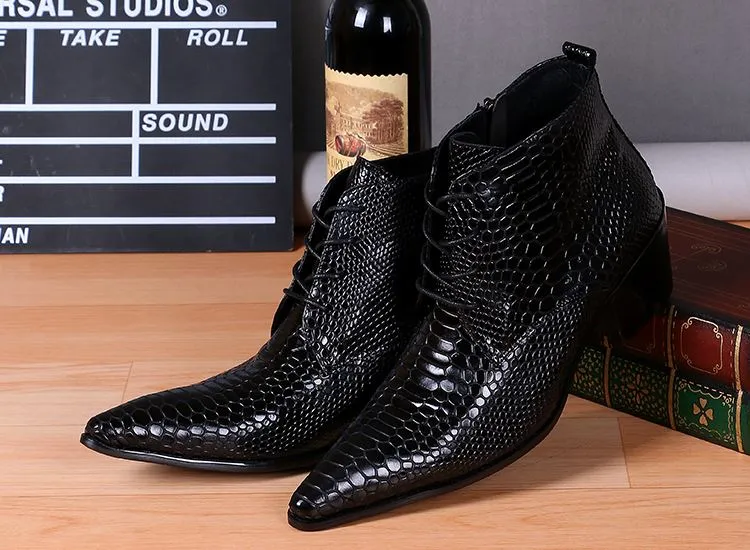 Luxury Men Black Leather Shoes High Top Business Leisure Fashion