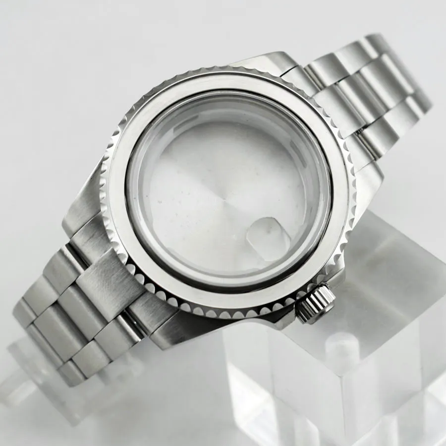 40mm safirglasfodral för ETA 2836 Mingzhu 2813 3804 Miyota 82 Silver rostfritt stålklocka för mensklocka p620306g