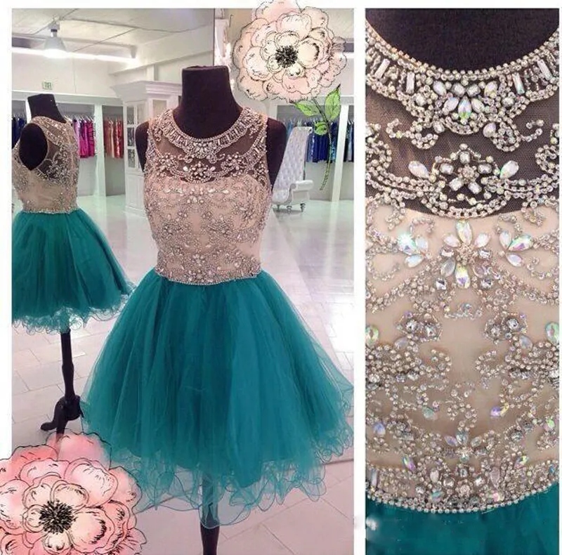Real Bling Bling Hunter Teal Cocktail Dresses Jewel Neck Tulle Stones Crystal Beaded Illusion Short Girl Party Graduation Homecoming Gowns