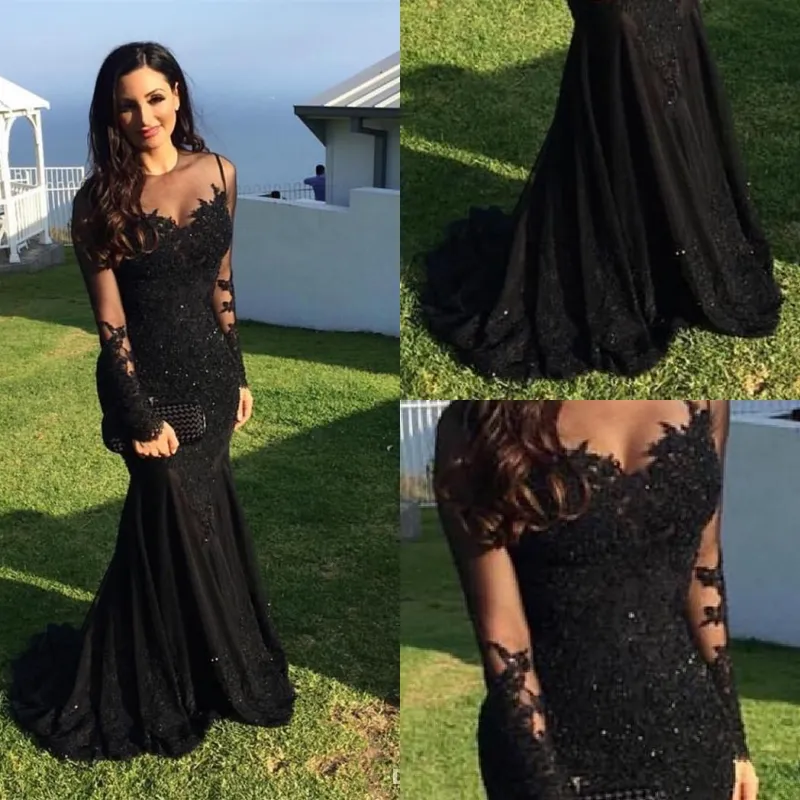 Abiti da sera 2021 Sexy arabo gioiello collo illusione applicazioni di pizzo perline di cristallo sirena nera maniche lunghe abito da festa formale abiti da ballo