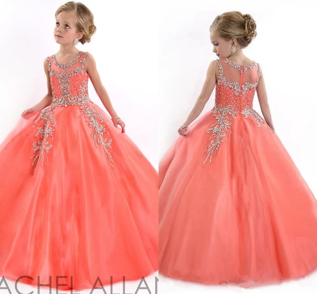 Little Girls Pageant Dresses For Teens Princess Rachel Allan Jewel Crystal Beading White Coral Kids Flower Födelsedagsklänningar HY00731