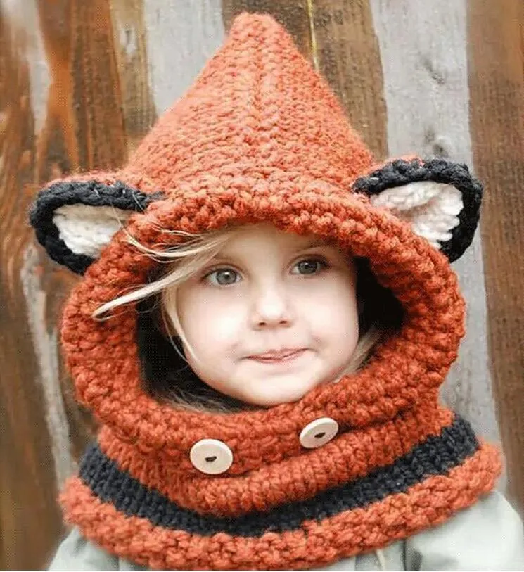 Inverno Quente menina do chapéu de lã chapéu Fox ouvido Crianças Caps proteger os ouvidos do bebê Chapéus de banda desenhada gorro Scarf Neck Enrole Set