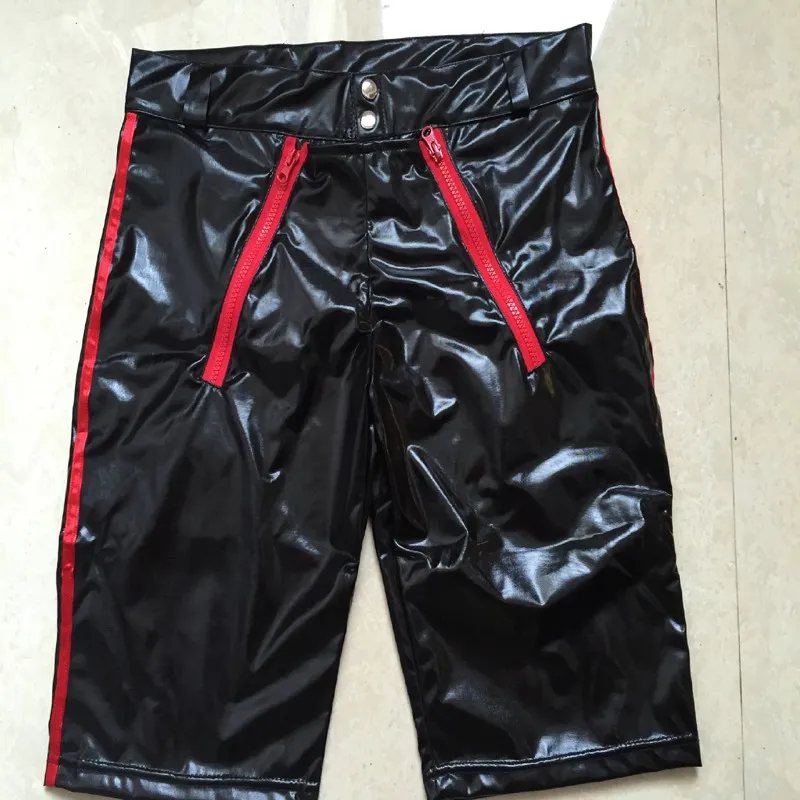 Mode Sexiga Mäns Shorts Svart Skinny Shorts Red Zipper Front Sommarkläder för Män Bar Party Night Club Wear Store XXL