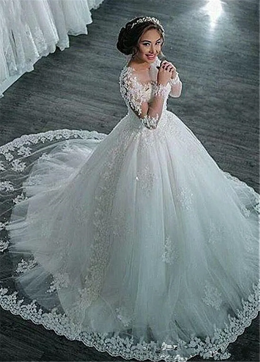 Amazing Tulle Sheer Long Sleeves Jewel Neckline Ball Gown Wedding Dresses With Beaded Lace Appliques Bridal Gowns