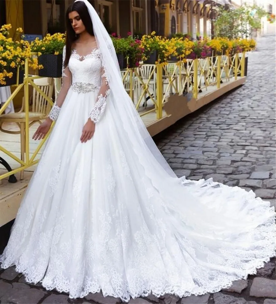 vestidos de novia 2019 Long Sleeve Lace Wedding Dresses Beading Belt Tulle Bridal Bride Wedding Gowns Weding Dress
