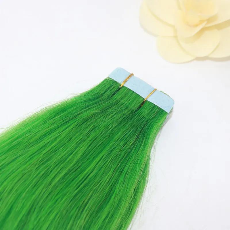 Cinta recta Remy verde jade en extensiones de cabello 20 unidscinta de PU sin costuras en trama de piel cabello humano barato