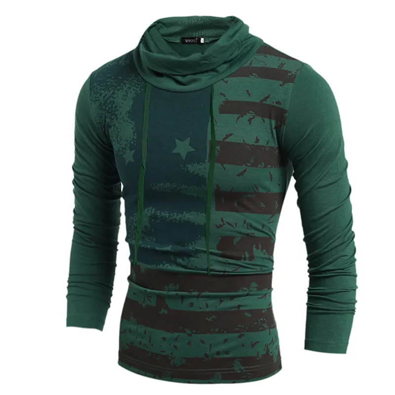 A European Style Mosaic Flag Men`s Stripe Tie Turtleneck T-shirt Printing Man`s Fashion Hoodie