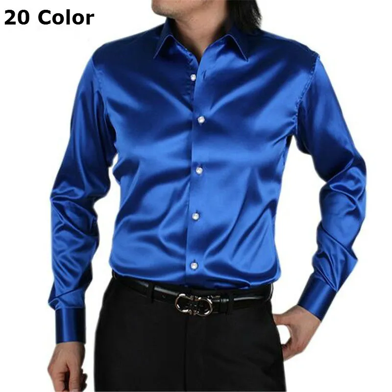 Atacado- camisa casual masculina de seda de manga longa fina plus size camisas masculinas de vestido de noiva camisa casual solta masculina macia