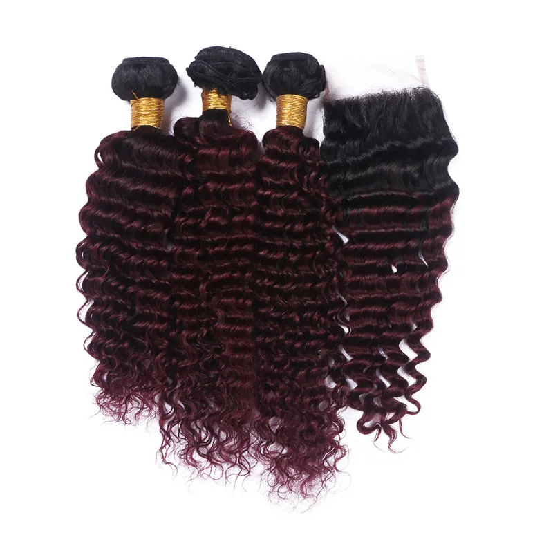 Bourgondië Red Ombre Braziliaanse Virgin Menselijk Haar met Sluiting Donkere Roots # 1B / 99J Wijnrode Ombre 4x4 Kantsluiting met diepe golfbundels