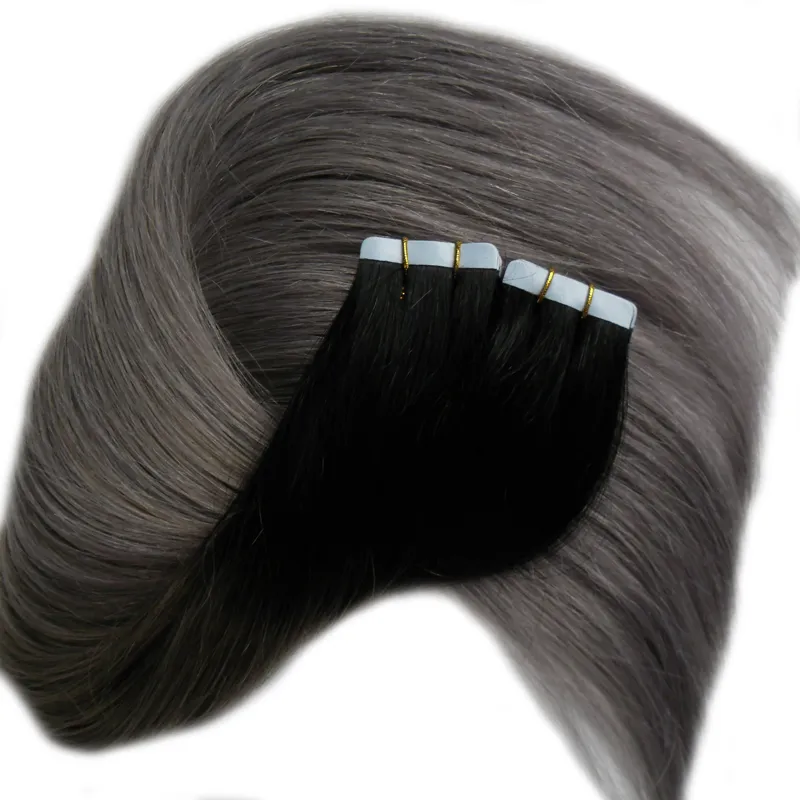 Ombre Tape Extensions 1B / Gray Grey Virgin Włosy 40 szt. 100% Human Hair Remy Taśma w przedłużaniu włosów 100g