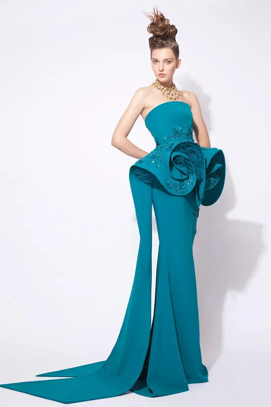 Azzi E Osta Teal Hunter Vestidos de Baile Árabe Oriente Médio Vestidos de Noite Strapless Bateau Lantejoula Frisado Formal Vestido Desgaste