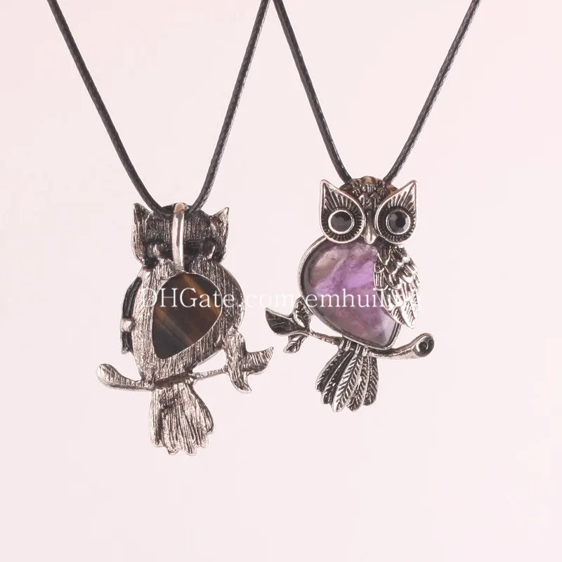 New Lovely Amethyst Gemstone Owl On Branch Necklace Owl Spirit Animal with Natural Stone Beads Pendant Leather Rope Women Necklace Jewelry