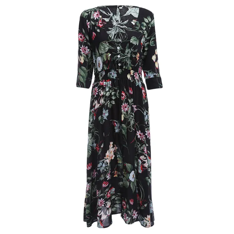 Nya Kvinnors Böhmen Floral Dress Lady's Vintage Flowers Print V Neck Elegant Lång Klänning Kvinnliga Kausal Klänningar C3088