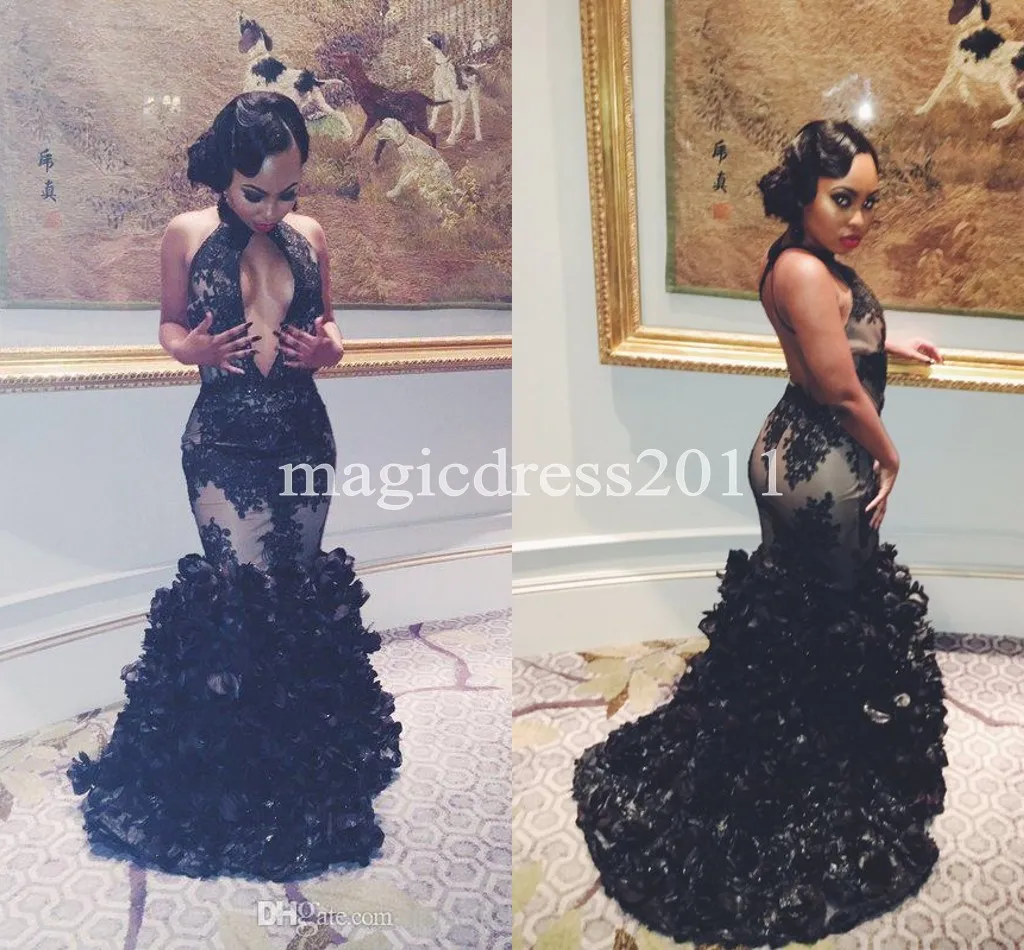 Sexy Mermaid Black Lace Evening Dresses Sexy Keyhole Neck Backless Flouncing Black Girl Couple 2019 Prom Party Gowns Women Pageant Runway