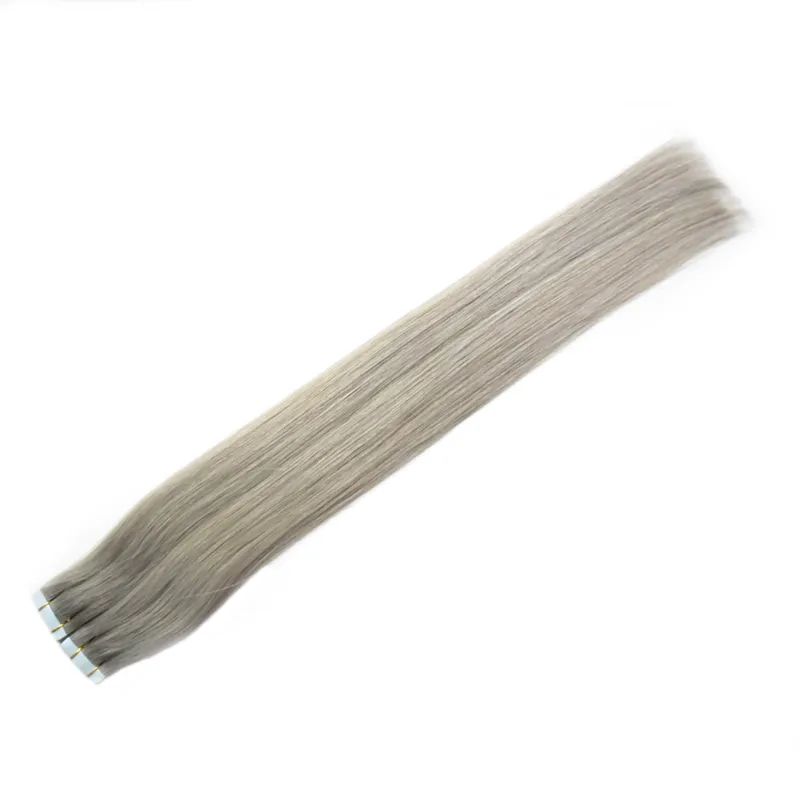 Extensions de cheveux gris ruban adhésif dans les extensions de cheveux humains droits 100g 40 pièces bande d'extension de cheveux de trame de peau adhésive