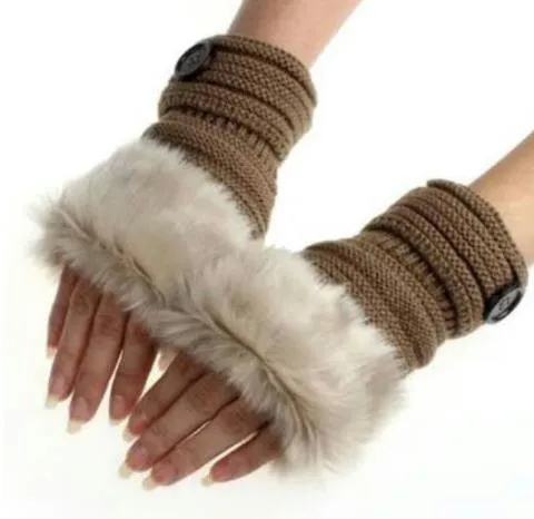 Gants de bouton femmes fille tricoté fausse fourrure de lapin gants sans doigts hiver plus chaud mitaines d'extérieur accessoires de mode colorés cadeaux de fête