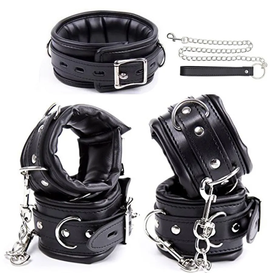 Kit de bondage rembourré doux, menottes en cuir PU noir, poignets de cheville, ensemble de collier de cou, jouets sexuels BDSM pour couple