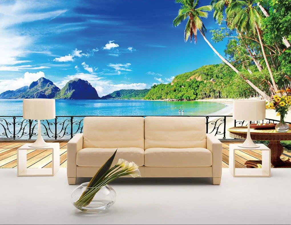 Luxury European Modern Beach Terrace Wallpaper For TV Backdrop 3D Mural ...