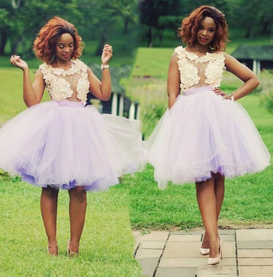 Lavender Short Prom Dresses Ivory Appliques See Through Evening Gowns Knee Length Tutu Skirt Homecoming Dresses Cocktail Party Formal Wear