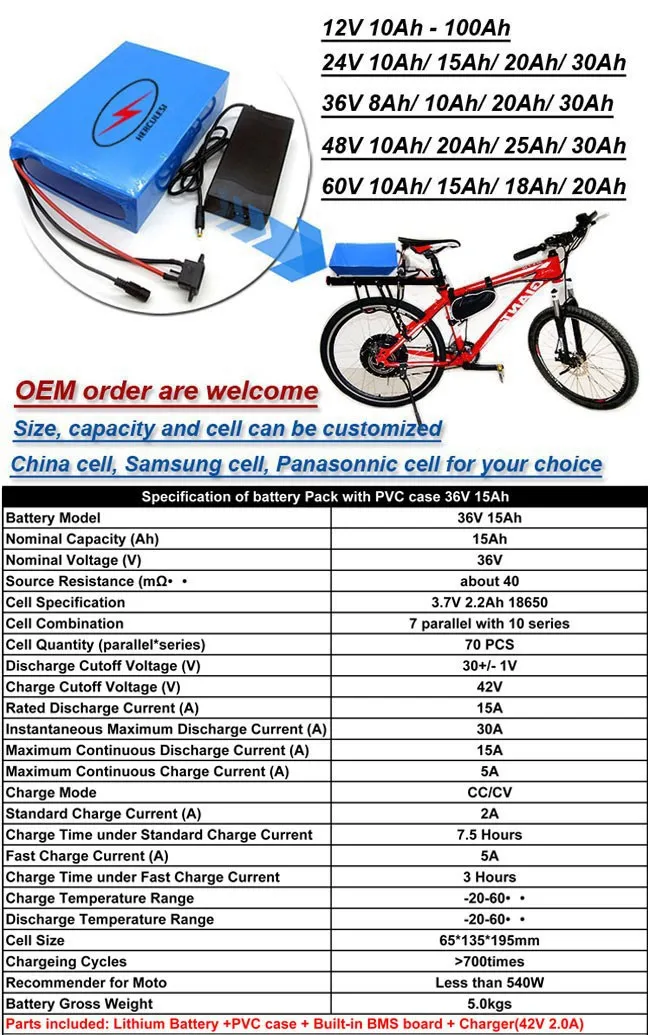 FREE SHIPPING 540W PVC Case Electric Bike Battery 36v 15ah velo electrique Lithium Battery Pack in 15A BMS 2A  18650 Cell Li Ion Pack 