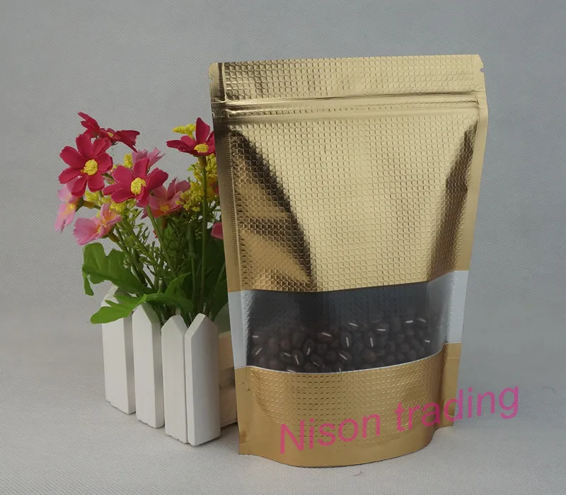 / 15 * 22cm sac de gaufrage ziplock en aluminium doré foncé autoportant avec fenêtre, pochette auto-scellante pour cacahuètes / noix de coco livraison gratuite