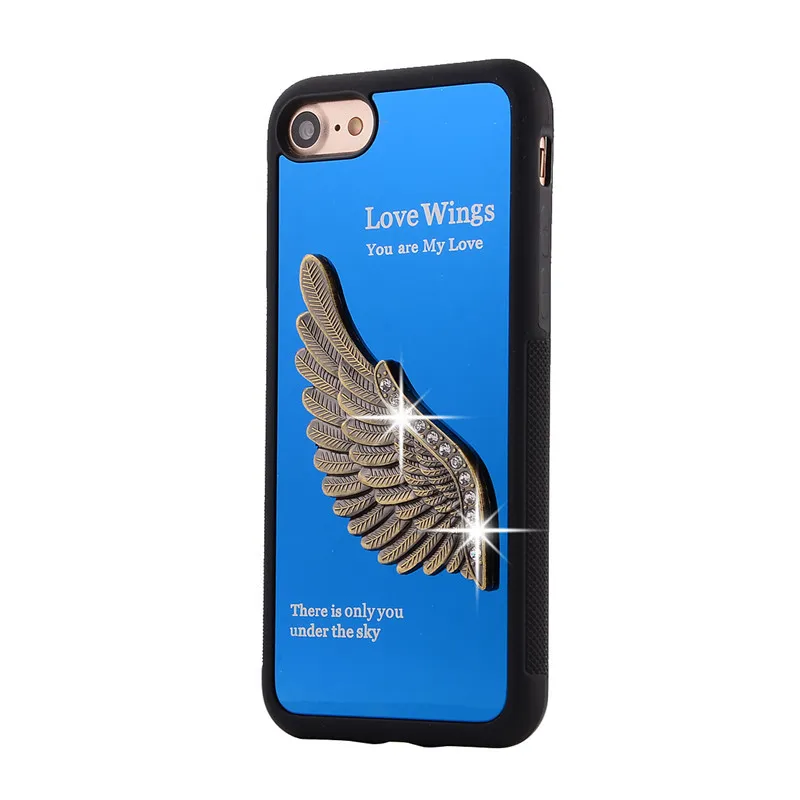 Lujo TPU + Metal moda amor Aluminio Nuevo ala de ángel 3D Rhinestone Cubierta de la caja del teléfono para iPhone 7 4.7 