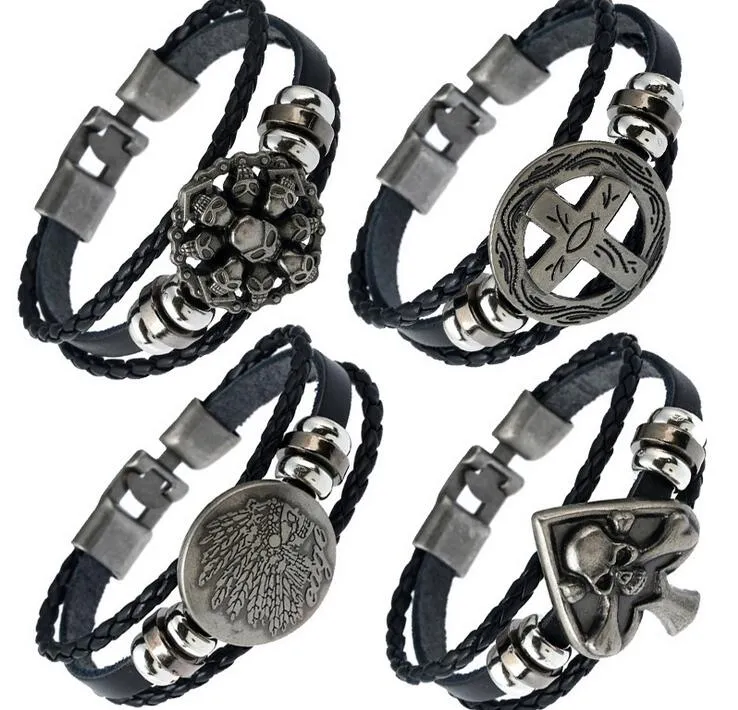 Bracelet en cuir de vachette argent antique 100% bracelet en cuir de vachette boucle crâne croix coeur cuir couple bracelet mix 4 styles 12pcs / lot