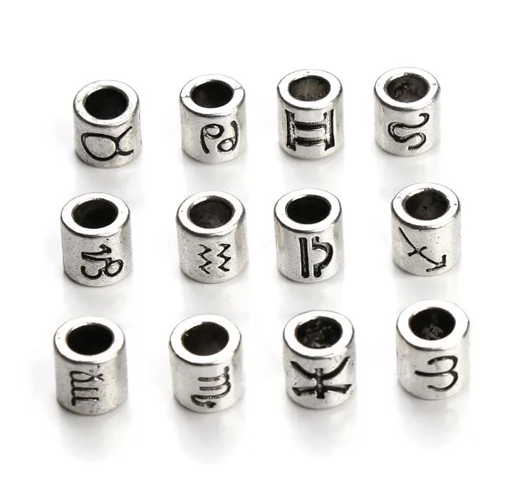 60 sztuk / partia Duży Otwór Stop Antique Silver Barrel Koraliki na Naszyjnik Bransoletki Dokonywanie 4mm Zodiak Star Znaki Spacer Charms Koralik DIY Biżuteria Akcesoria Dostawy