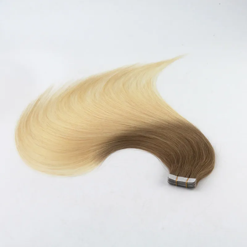 Ombre cor # 6 # Tape 613 de alta qualidade em pele Hair Extensions Seamless Virgin cabelo humano trama Slik fita em linha reta na extensão 100g por peça