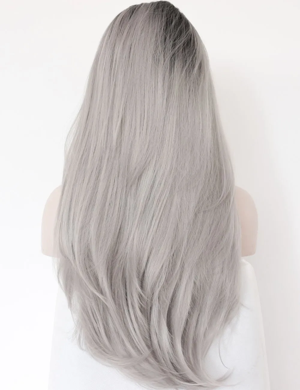 Ombre gris 2 tonos peluca delantera de encaje sintético raíces oscuras largas naturales rectas gris plata reemplazo pelucas de cabello para mujeres calor Resi9876803