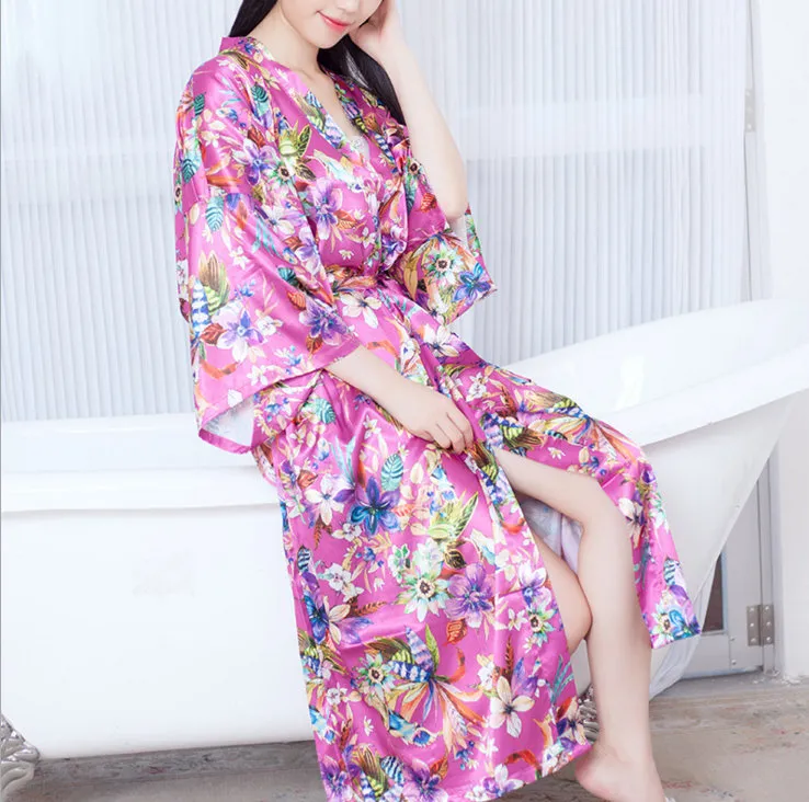 2017 Women Satin Ethnic Long Kimono Robe Bridesmaid Print Floral Bathrobe Lady Loose Nightgown Sleepwear Dressing Gown