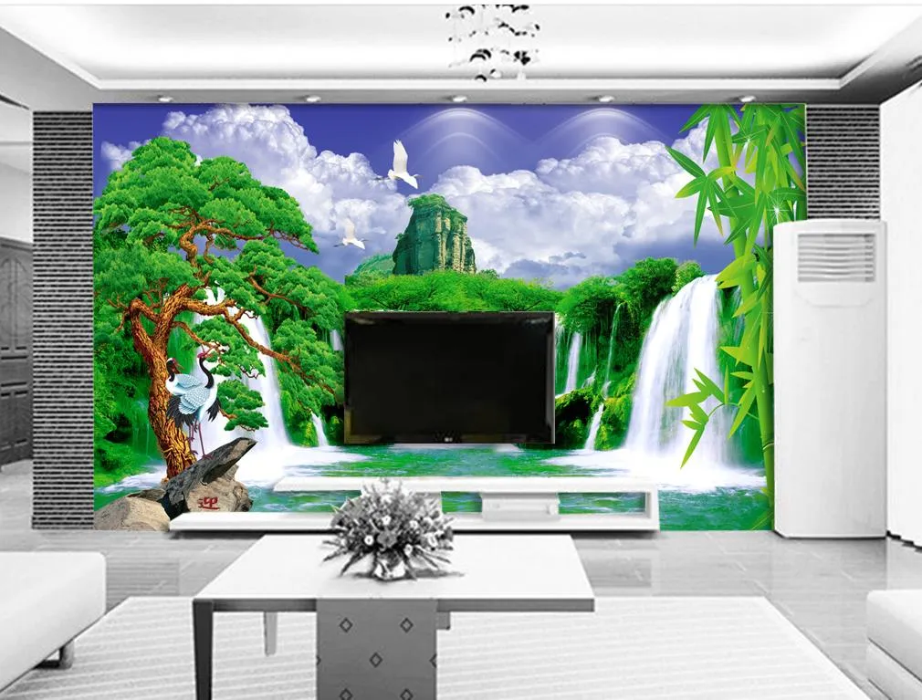 Blue Sky White Cloud Falls Pine Bamboo Landscape Mural 3D Wallpaper TV 배경을위한 3D 벽지에 오신 것을 환영합니다.