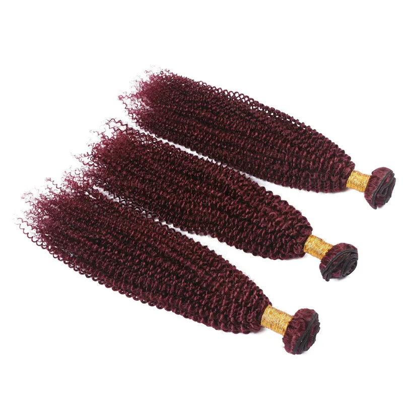 Vinröd # 99J Mänskliga hårförlängningar Partihandel Virgin Malaysian Burgundy Remy Human Hair Weave Bundles Kinky Curly Double Wefts