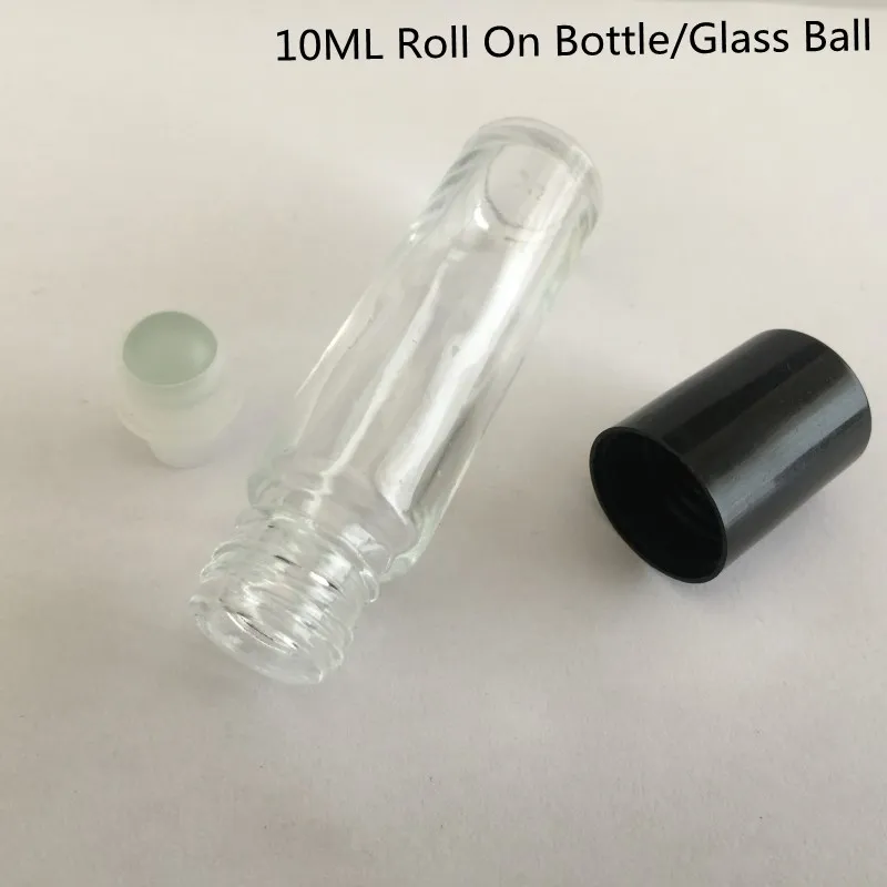Botellas de rodillo de vidrio transparente de 1/3Oz, botellas de rodillo de aceite esencial de Perfume de fragancia de vidrio vacío de 10ml con bolas de rodillo de vidrio, tapón de rosca negro